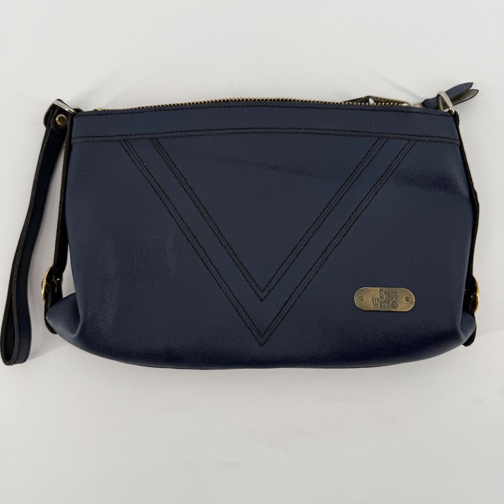 Stage West Vintage Navy Blue Leather Wristlet Chevron Stitch‎ Double Zip Pouch
